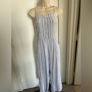 Old Navy Linen Blend Blue and White Striped Jumpsuit w/ Pockets